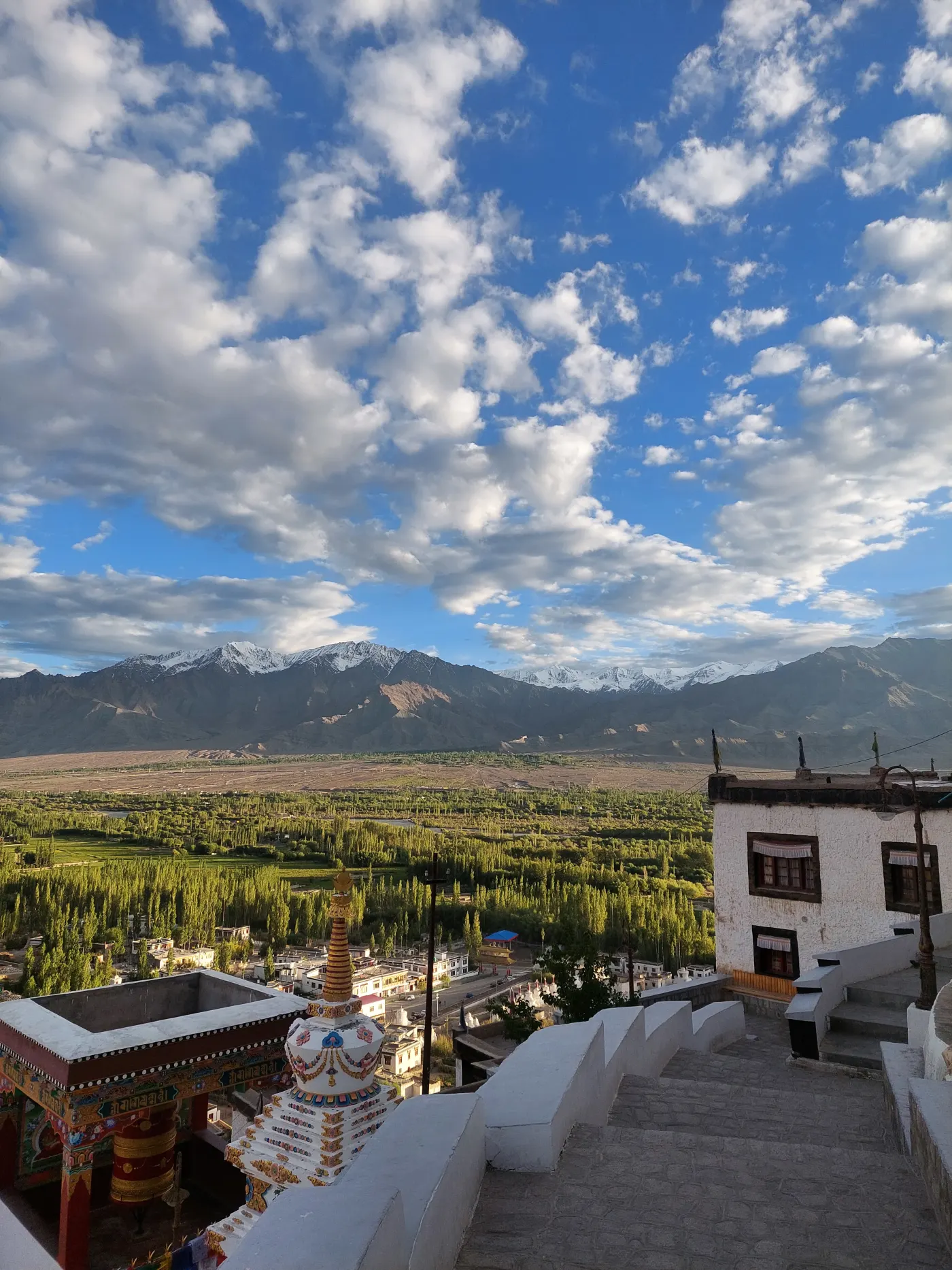 The Indus valley and snow peaks seen from Thiksey Monastery, Ladakh